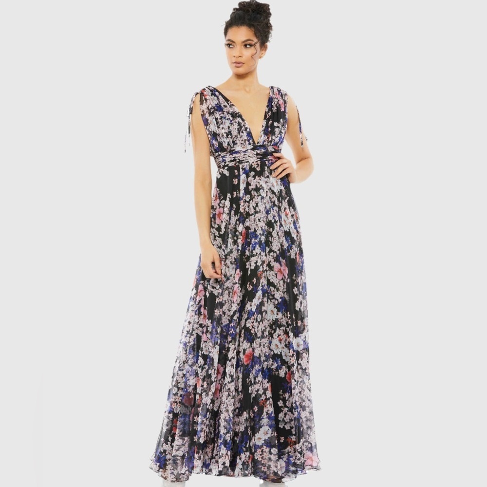 NWT Mac Duggal Size 2 Black Floral Tie Shoulder Chiffon V-Neck Maxi Dress Gown